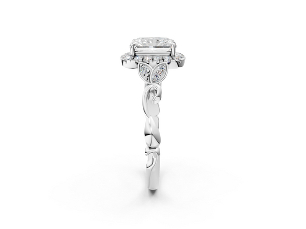 White gold Radiant Halo Diamond Engagement Ring with Vintage-Inspired Band and Four-Prong Setting
