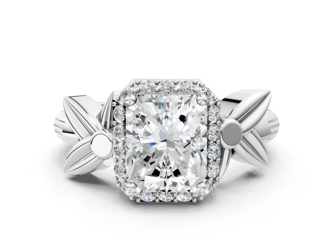 White gold Radiant Halo Diamond Floral Band with Four-Prong Setting_113