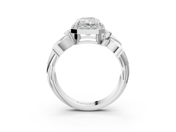 Platinum Radiant Cut Halo Engagement Ring Setting with Floral Leaf Shoulders