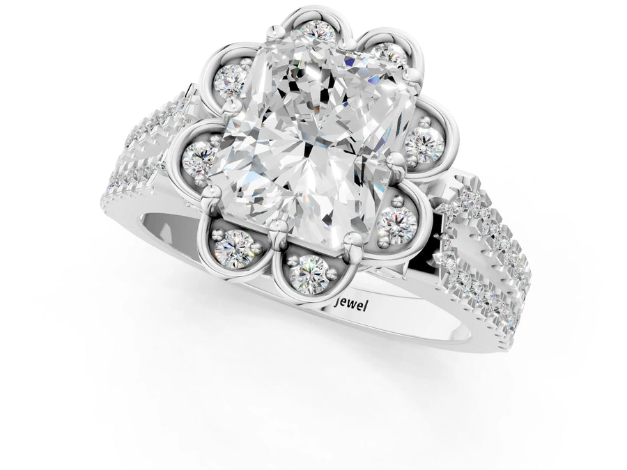 White gold Radiant Halo Diamond Floral Split Shank Engagement Ring
