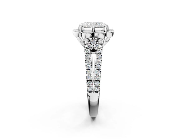 White gold Radiant Halo Diamond Floral Split Shank Engagement Ring