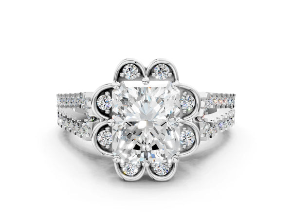 White gold Radiant Halo Diamond Floral Split Shank Engagement Ring