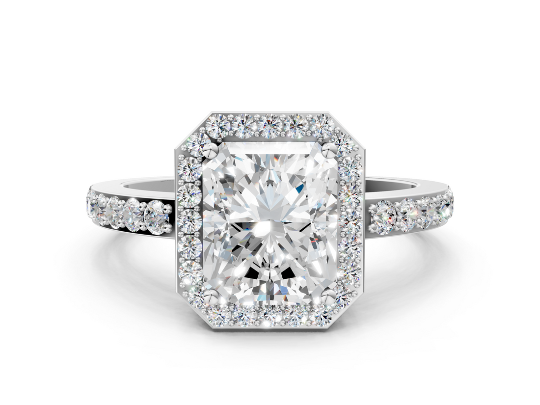 White gold Radiant Halo Diamond Pavé Band Ring with Prong Setting_20