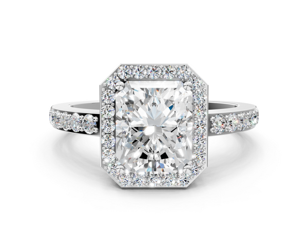 White gold Radiant Halo Diamond Pavé Band Ring with Prong Setting