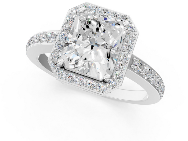 White gold Radiant Halo Diamond Pavé Band Ring with Prong Setting