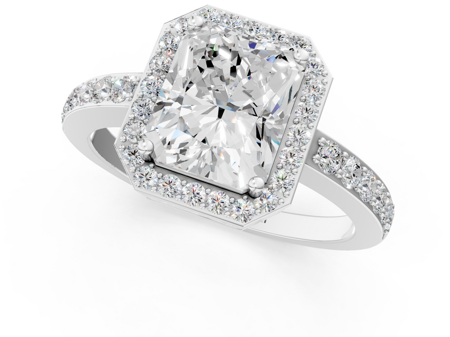 White gold Radiant Halo Diamond Pavé Band Ring with Prong Setting