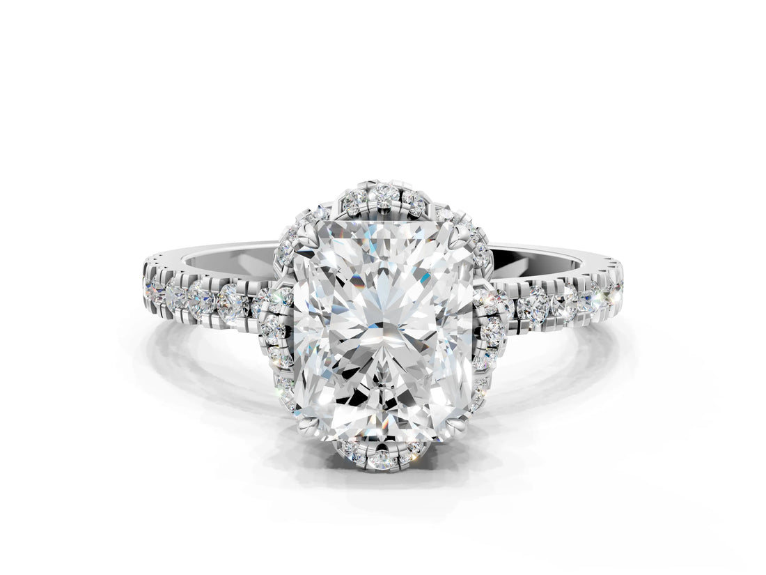 White gold Radiant Halo Diamond Pave Band Ring with Four-Prong Setting_15