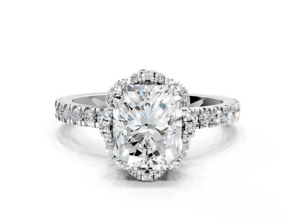 White gold Radiant Halo Diamond Pave Band Ring with Four-Prong Setting