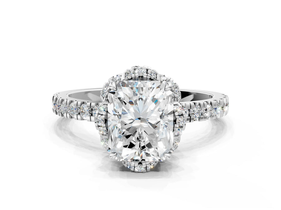 White gold Radiant Halo Diamond Pave Band Ring with Four-Prong Setting