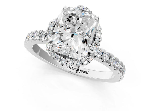 White gold Radiant Halo Diamond Pave Band Ring with Four-Prong Setting