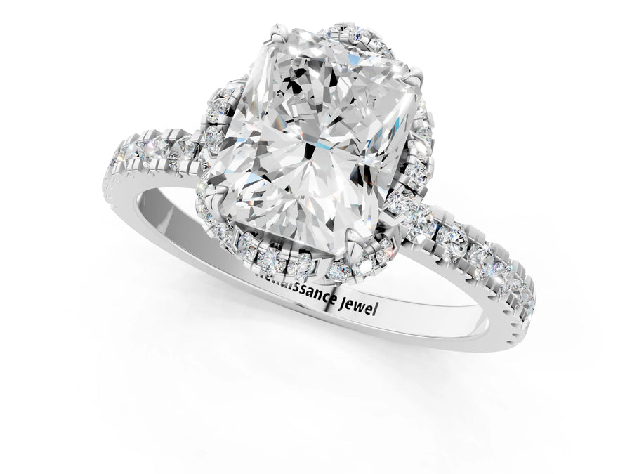 White gold Radiant Halo Diamond Pave Band Ring with Four-Prong Setting