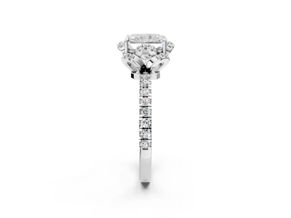 White gold Radiant Halo Diamond Pave Band Ring with Four-Prong Setting
