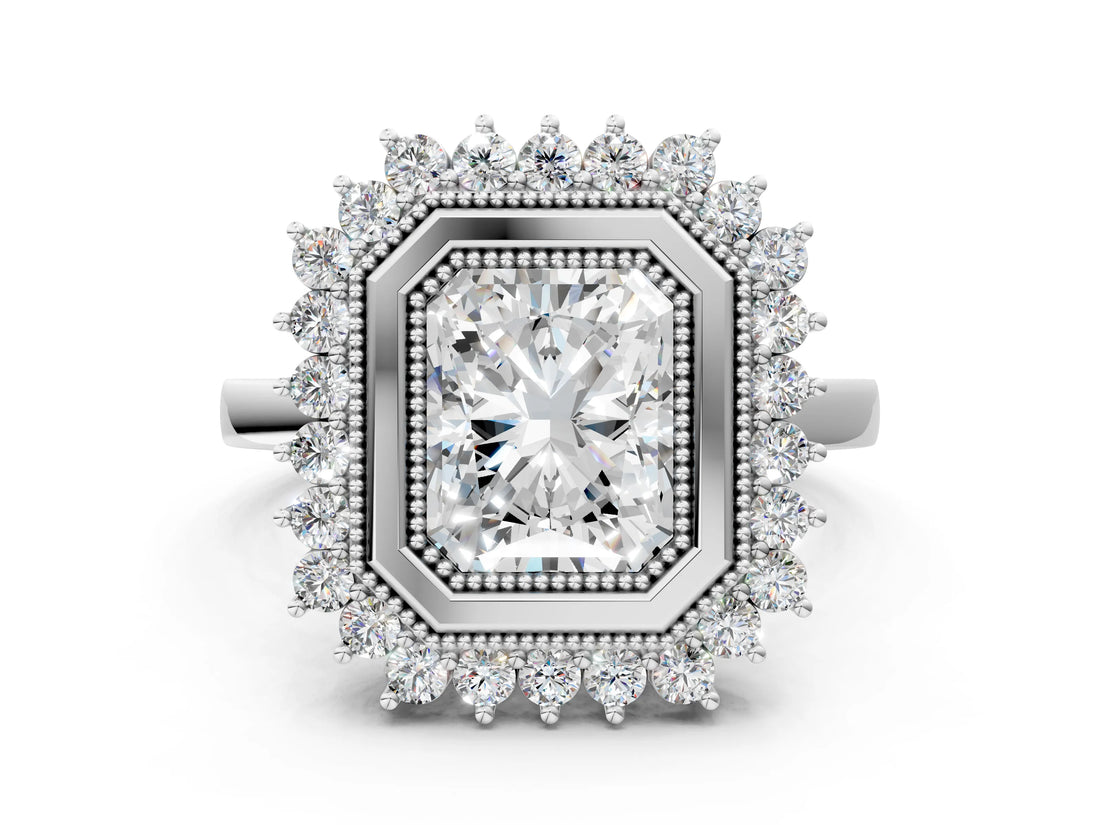 White gold Radiant Halo Diamond Ring with Milgrain Edge and Round Prong Setting_26