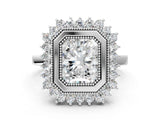 White gold Radiant Halo Diamond Ring with Milgrain Edge and Round Prong Setting_26