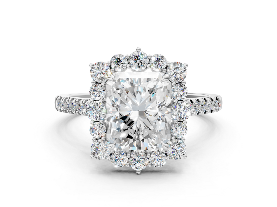 White gold Radiant Halo Diamond Ring with Pavé Band and Prong Setting_35