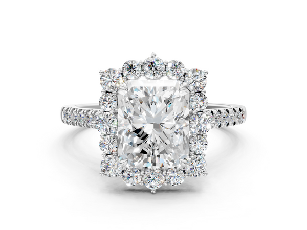 White gold Radiant Halo Diamond Ring with Pavé Band and Prong Setting
