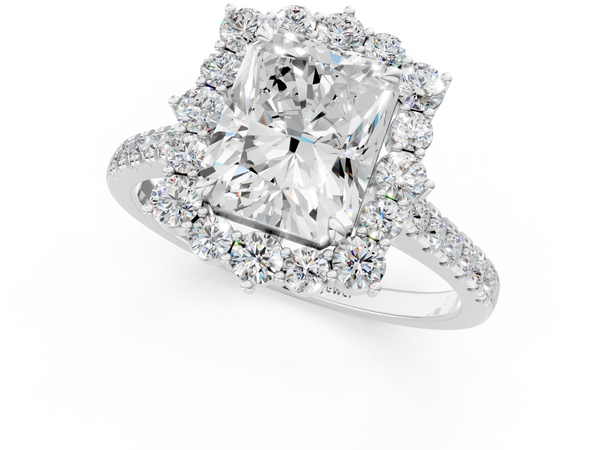 White gold Radiant Halo Diamond Ring with Pavé Band and Prong Setting