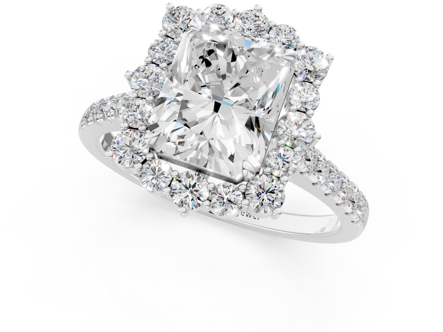 White gold Radiant Halo Diamond Ring with Pavé Band and Prong Setting