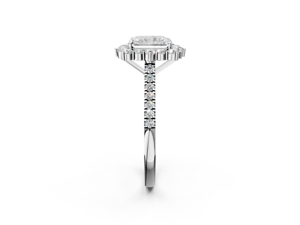 White gold Radiant Halo Diamond Ring with Pavé Band and Prong Setting