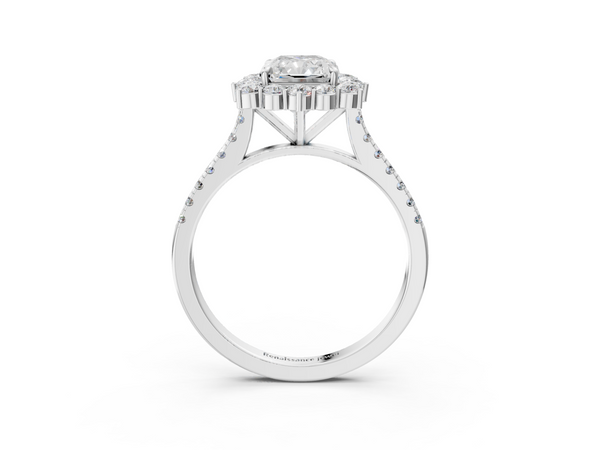 White gold Radiant Halo Diamond Ring with Pavé Band and Prong Setting