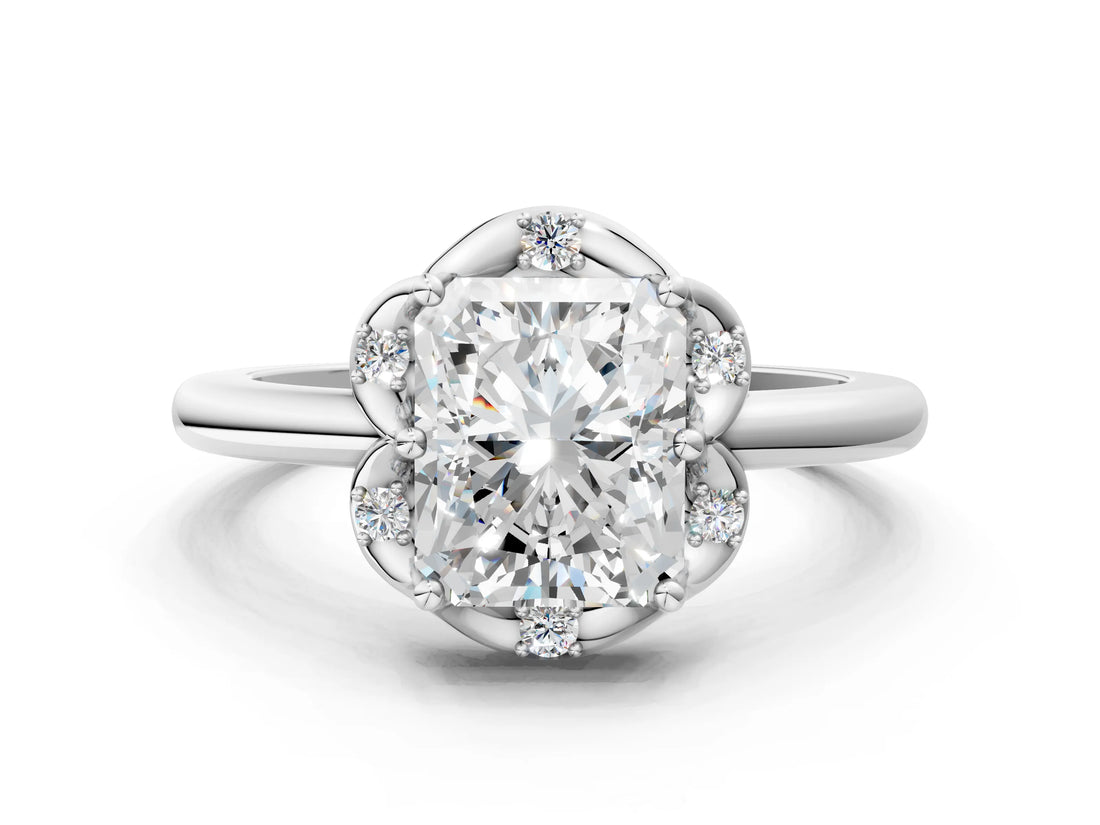 White gold Radiant Halo Diamond Ring with Round Cluster Setting, Solitaire Band, and Four-Prong Setting_44