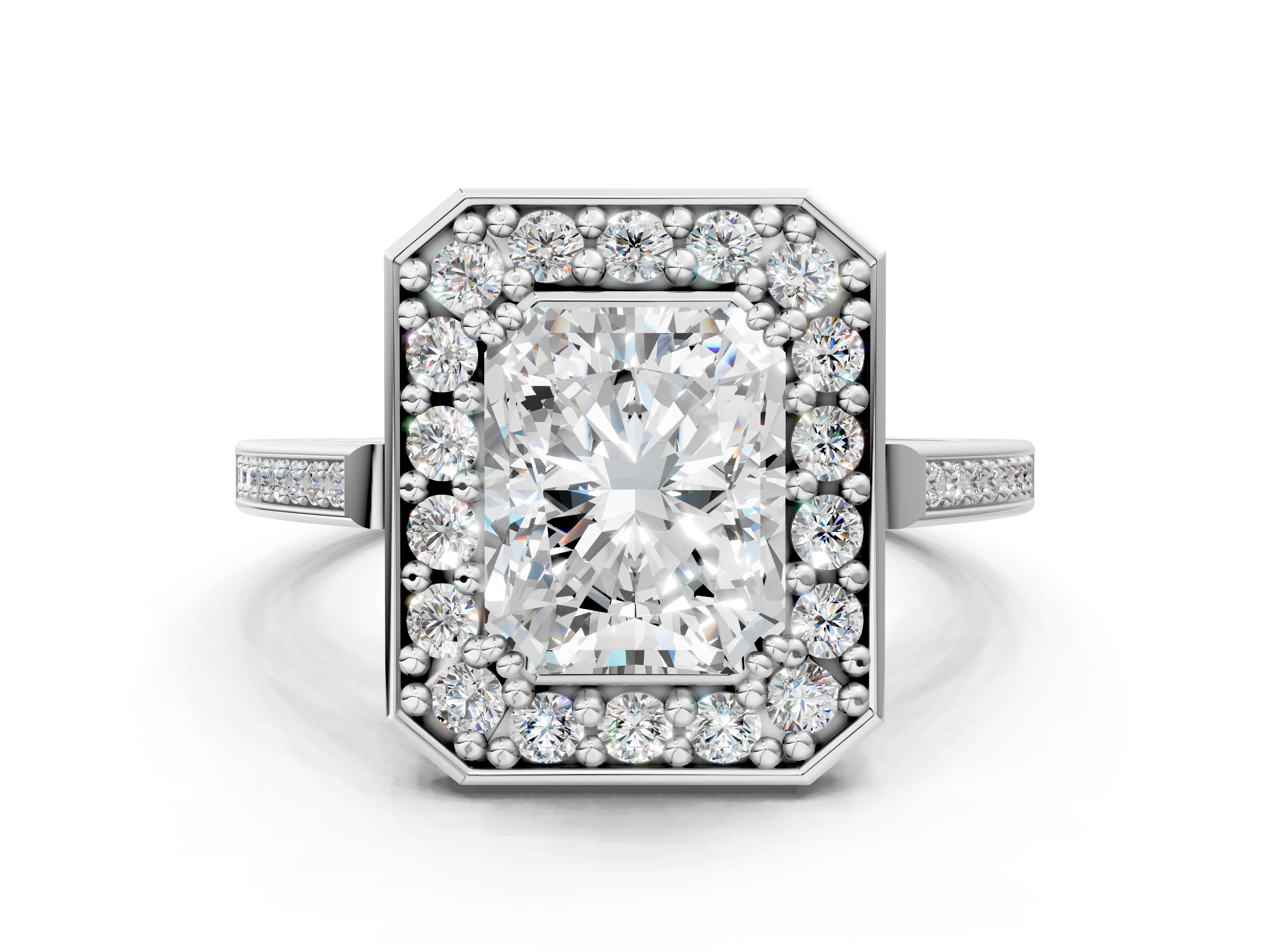 White gold Radiant Halo Diamond Ring with Split Shank and Four-Prong Setting_55
