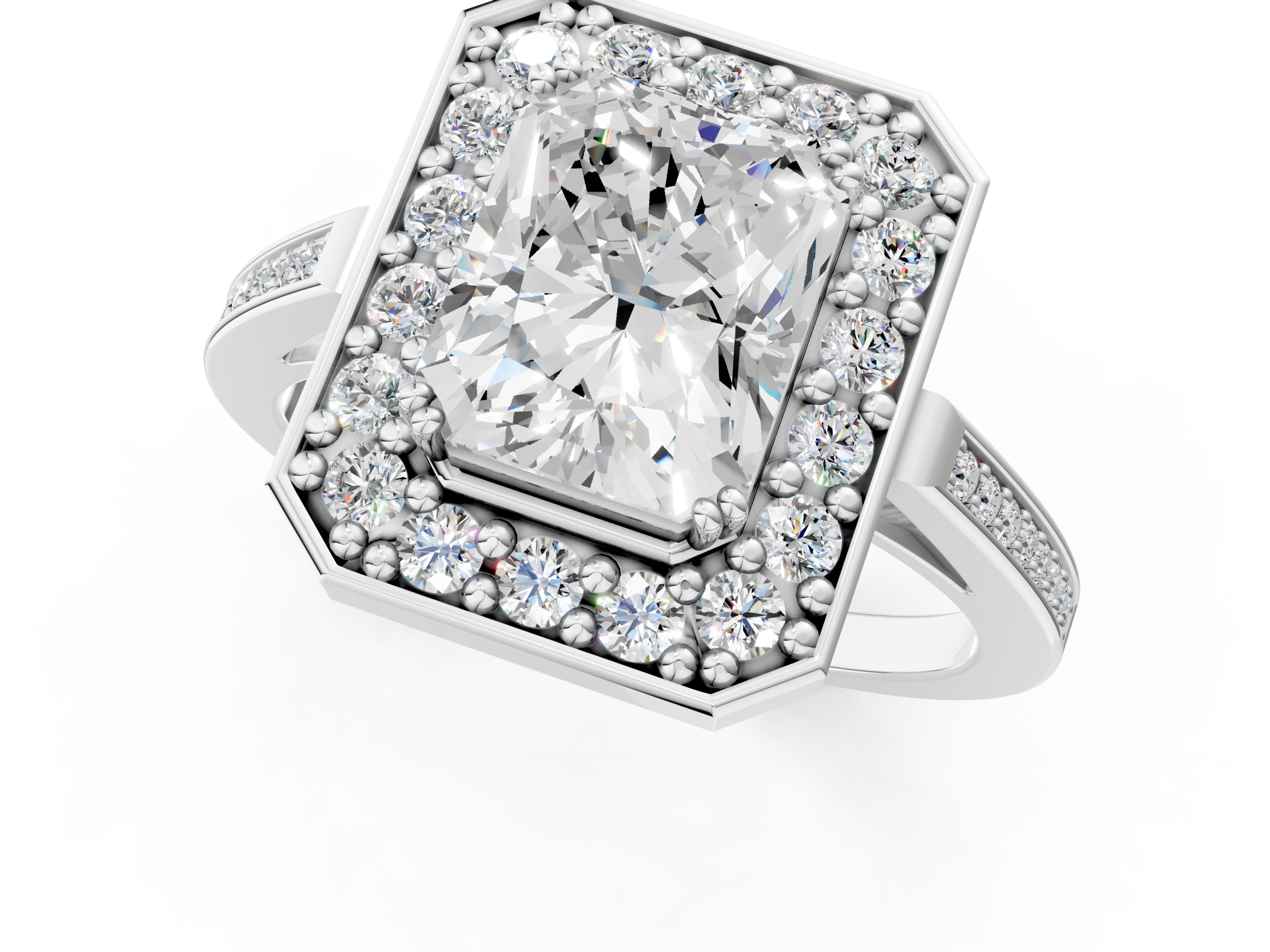 White gold Radiant Halo Diamond Ring with Split Shank and Four-Prong Setting_56