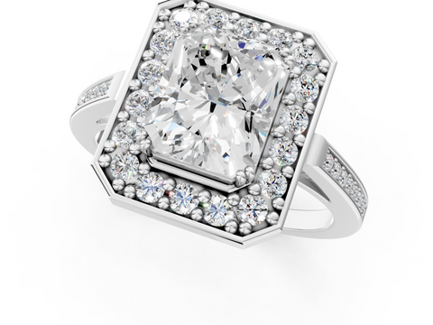 White gold Radiant Halo Diamond Ring with Split Shank and Four-Prong Setting_56