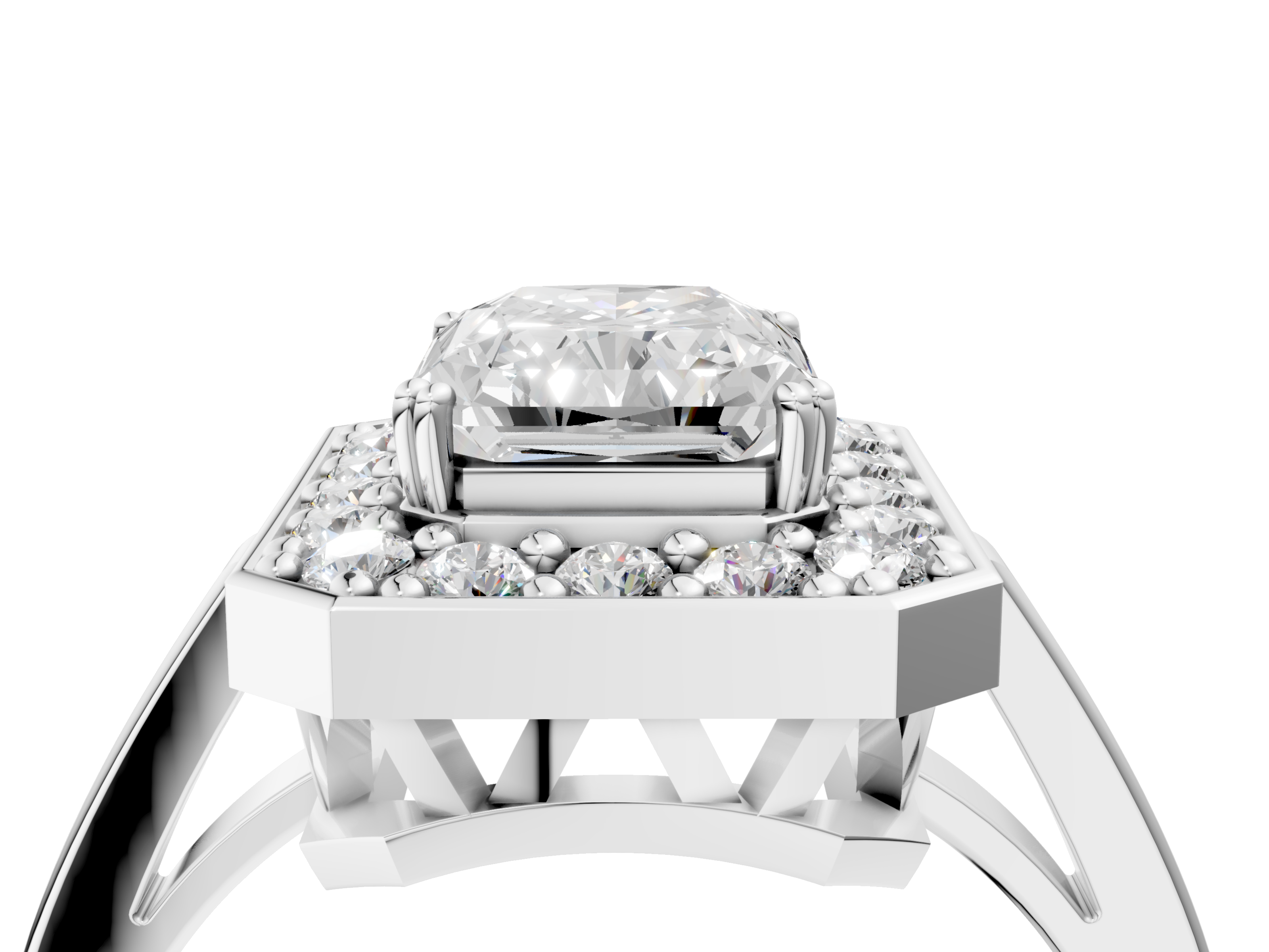 White gold Radiant Halo Diamond Ring with Split Shank and Four-Prong Setting_59