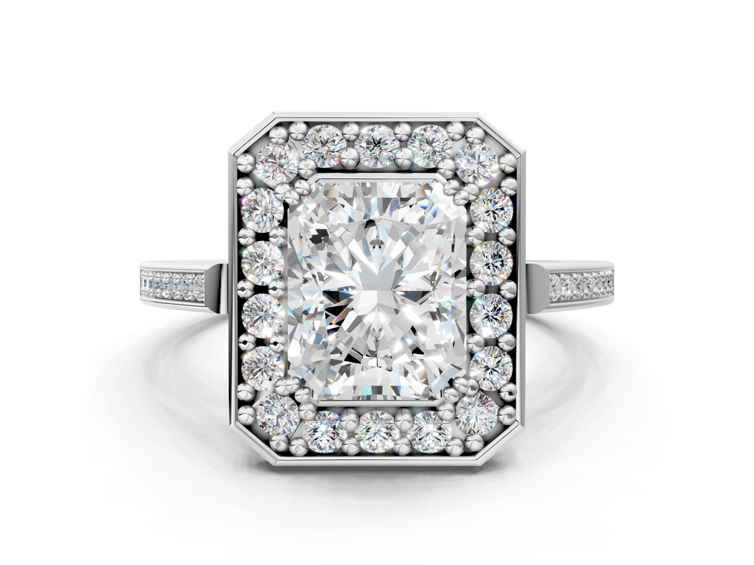 White gold Radiant Halo Diamond Ring with Split Shank and Four-Prong Setting_59