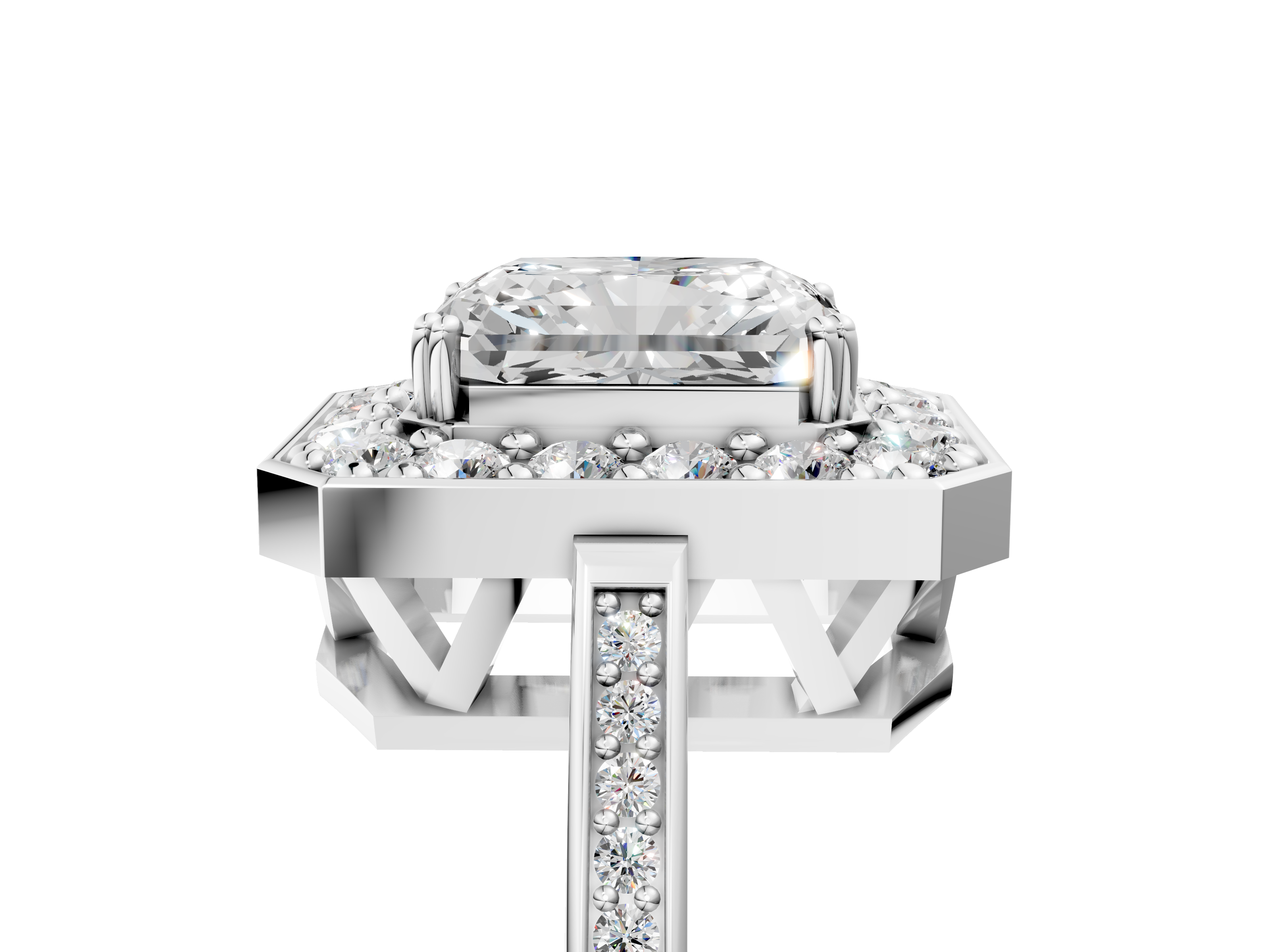 White gold Radiant Halo Diamond Ring with Split Shank and Four-Prong Setting_60