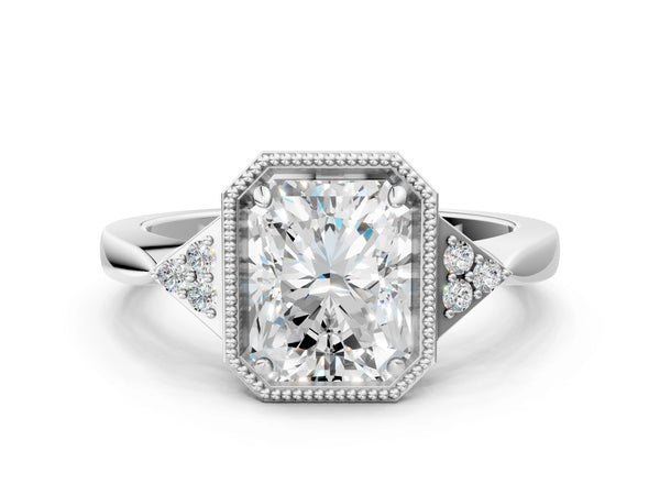 White Gold Radiant Cut Vintage Milgrain Frame Engagement Ring Setting with Cluster Accents