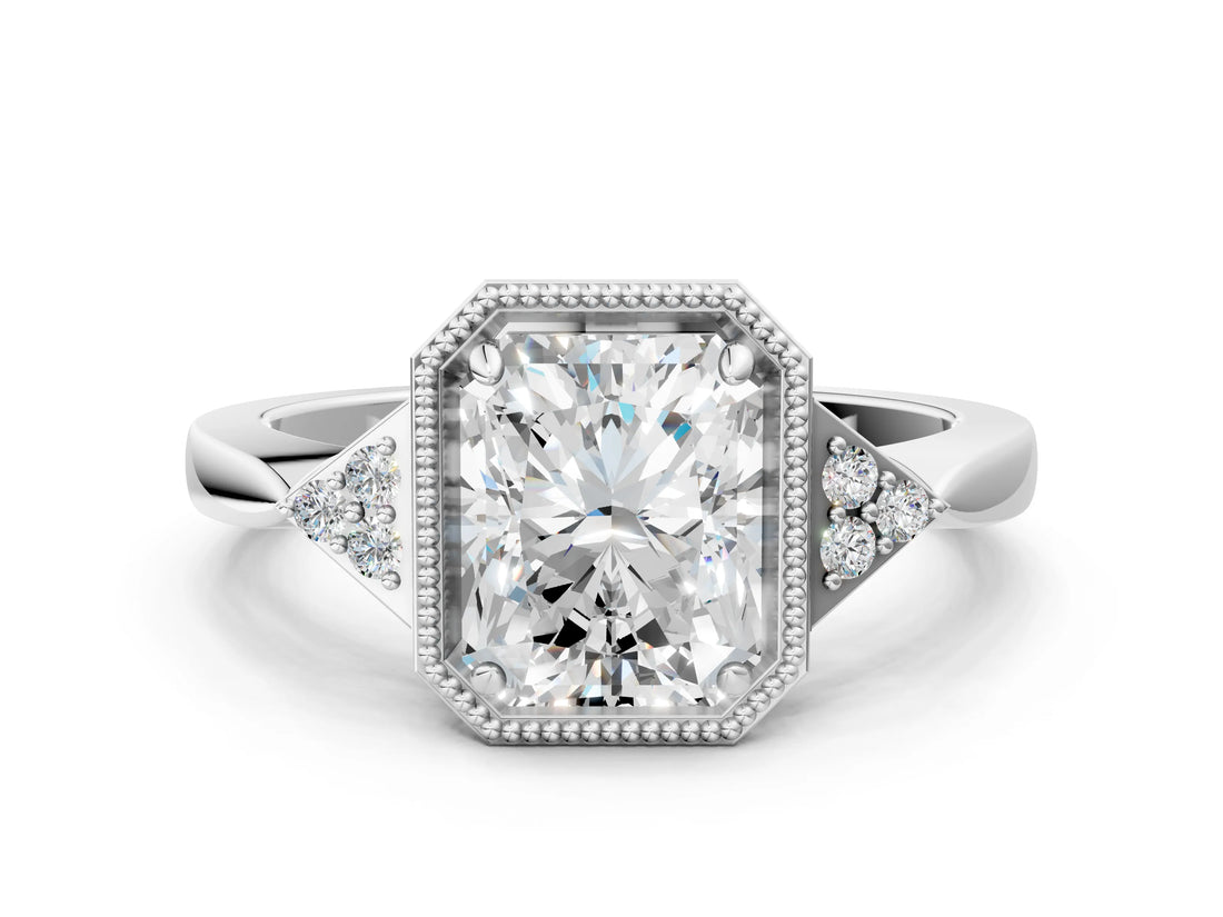 White gold Radiant Halo Diamond Ring with Tapered Band and Four-Prong Setting_15