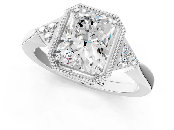 White Gold Radiant Cut Vintage Milgrain Frame Engagement Ring Setting with Cluster Accents