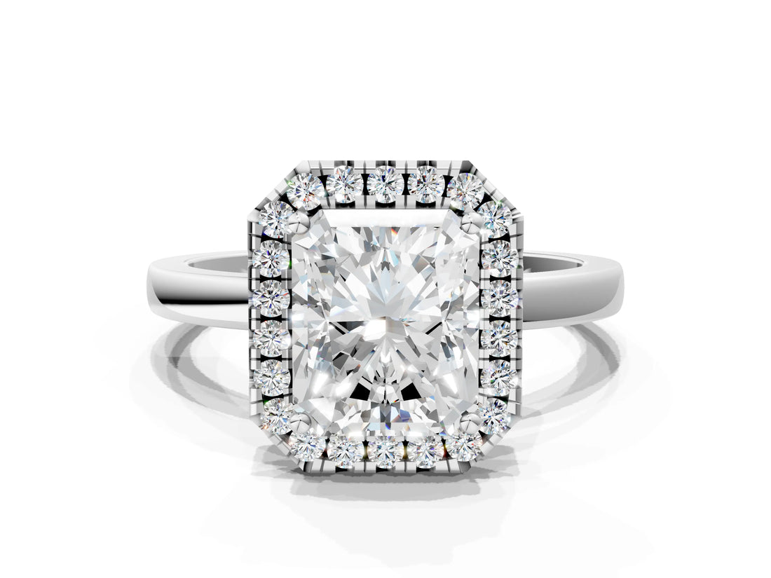 White gold Radiant Halo Diamond Solitaire with Pavé Band and Four-Prong Setting_111