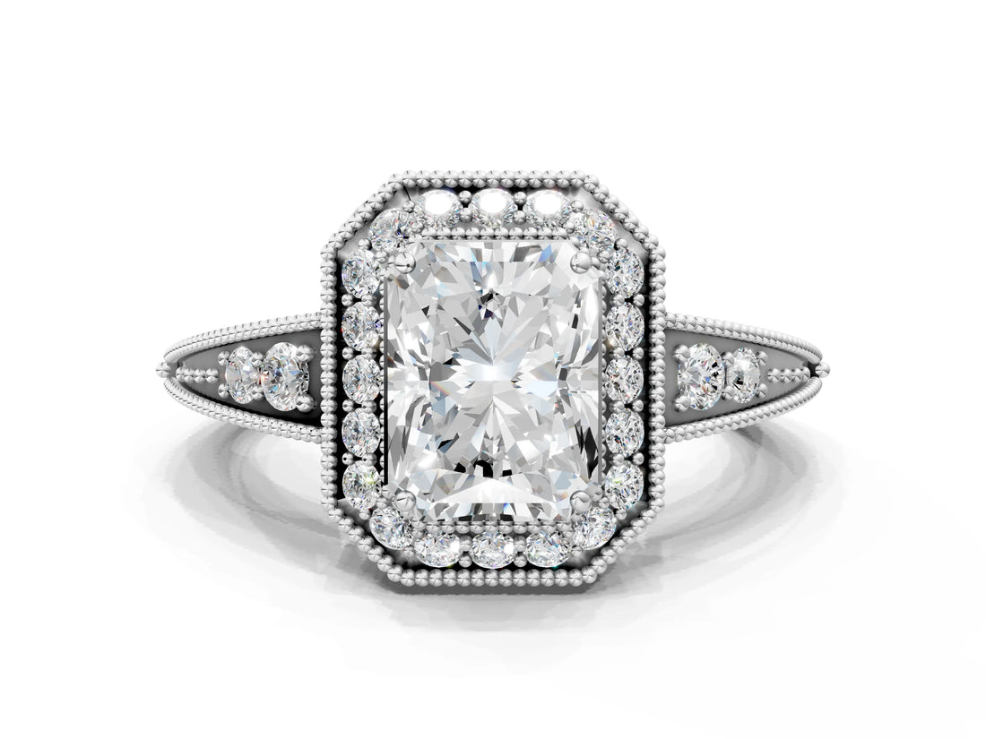 White gold Radiant Halo Diamond Split Shank Ring with Milgrain Detail_49