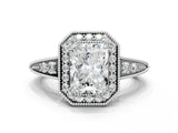 White gold Radiant Halo Diamond Split Shank Ring with Milgrain Detail_49
