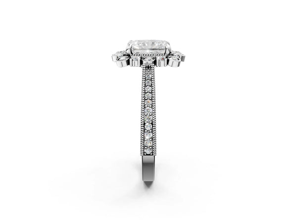 White Gold Radiant Cut Scalloped Milgrain Halo Engagement Ring Setting
