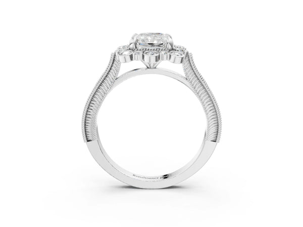 White Gold Radiant Cut Scalloped Milgrain Halo Engagement Ring Setting