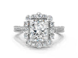 White gold Radiant Halo Milgrain Pave Diamond Ring with Four-Prong Setting