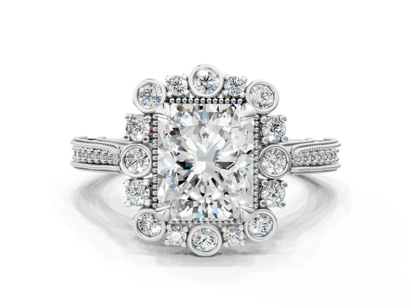 White Gold Radiant Cut Scalloped Milgrain Halo Engagement Ring Setting