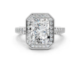 White gold Radiant Halo Milgrain Solitaire with Bezel Set Side Stones and Pave Band_32