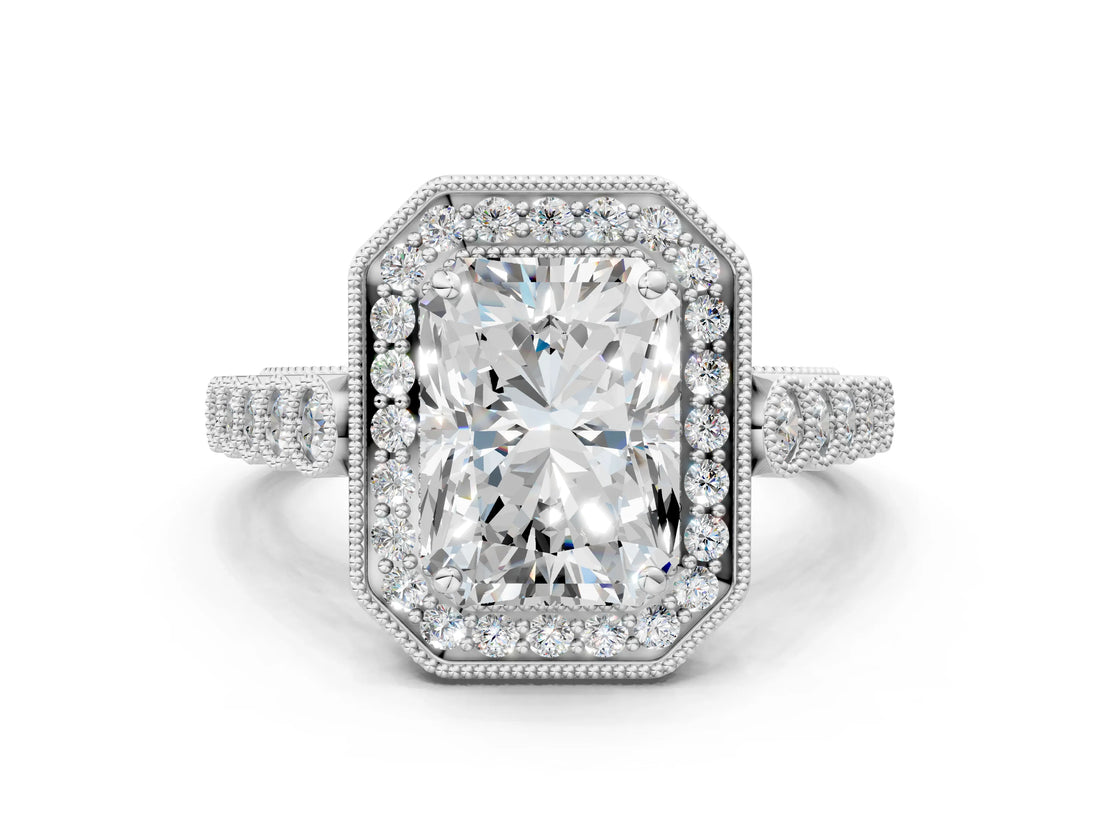 White gold Radiant Halo Milgrain Solitaire with Bezel Set Side Stones and Pave Band_37