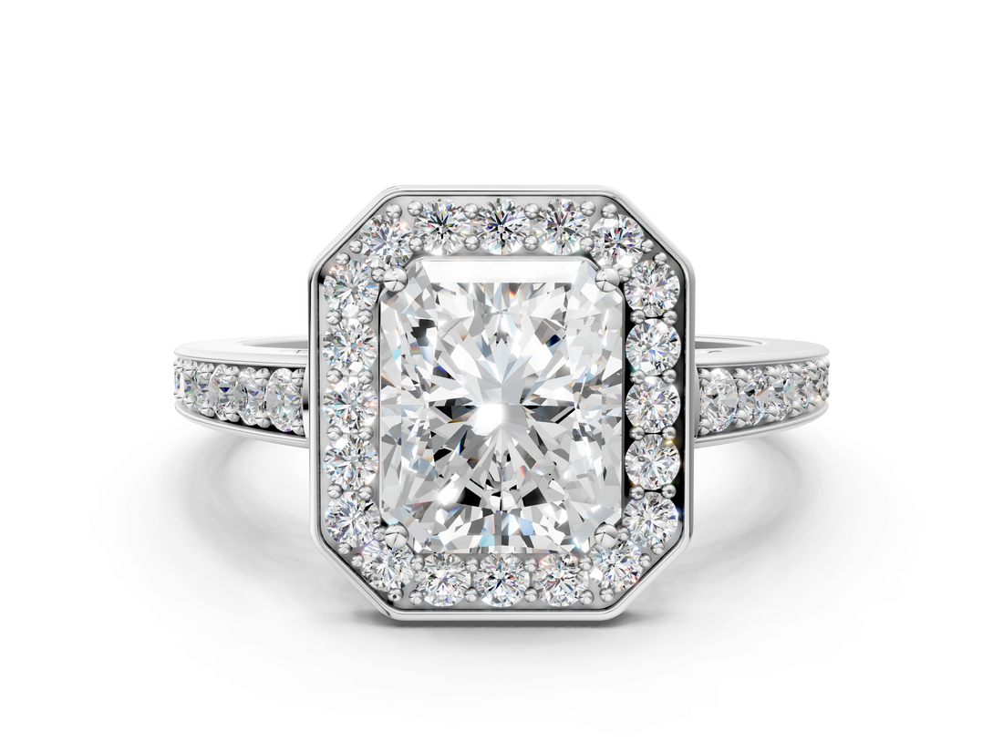 White gold Radiant Halo Pavé Diamond Engagement Ring with Bezel Setting_18