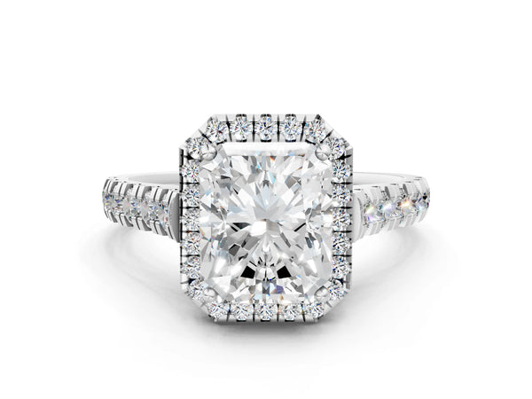 Platinum Radiant Cut Halo Engagement Ring Setting with Accented Shoulders and Bezel Gallery Accents