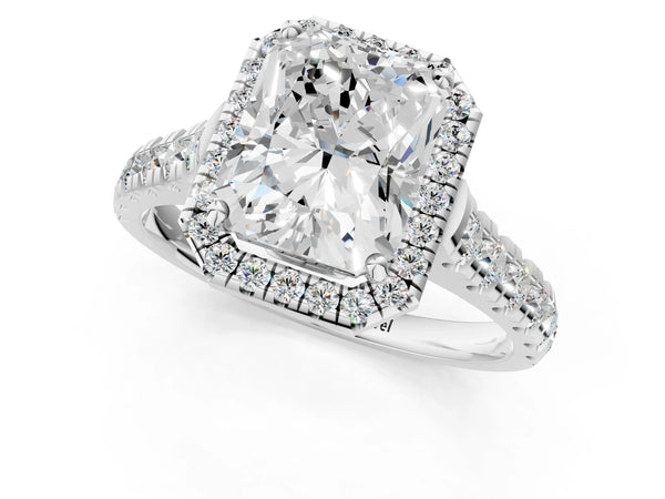 Platinum Radiant Cut Halo Engagement Ring Setting with Accented Shoulders and Bezel Gallery Accents
