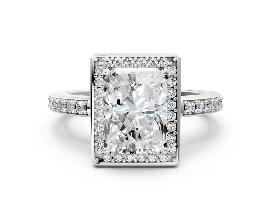 White gold Radiant Halo Pave Band Solitaire Ring with Prong Setting_66