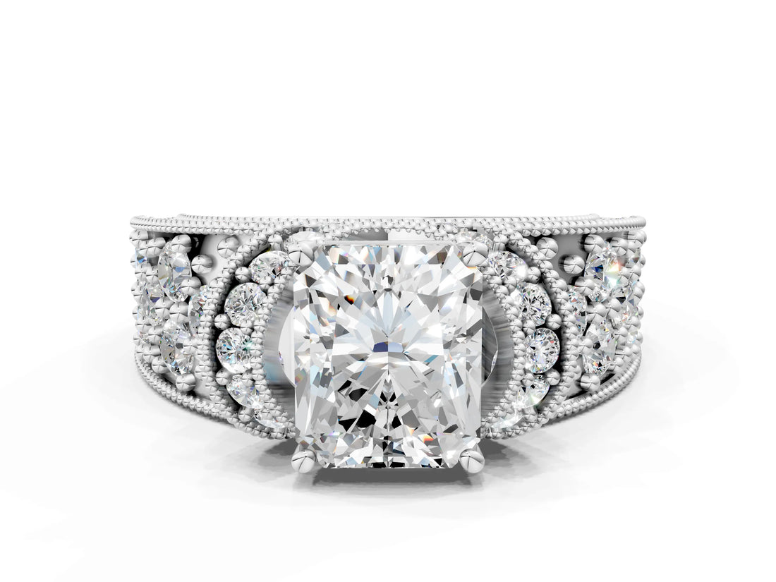 White gold Radiant Halo Pave Diamond Engagement Ring with Milgrain Detailing_48