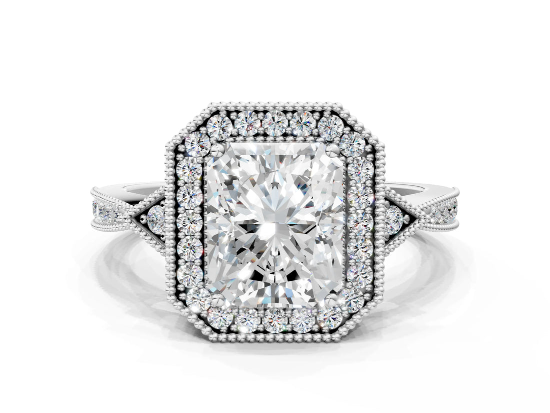 White gold Radiant Halo Round Diamond Milgrain Pave Engagement Ring_9