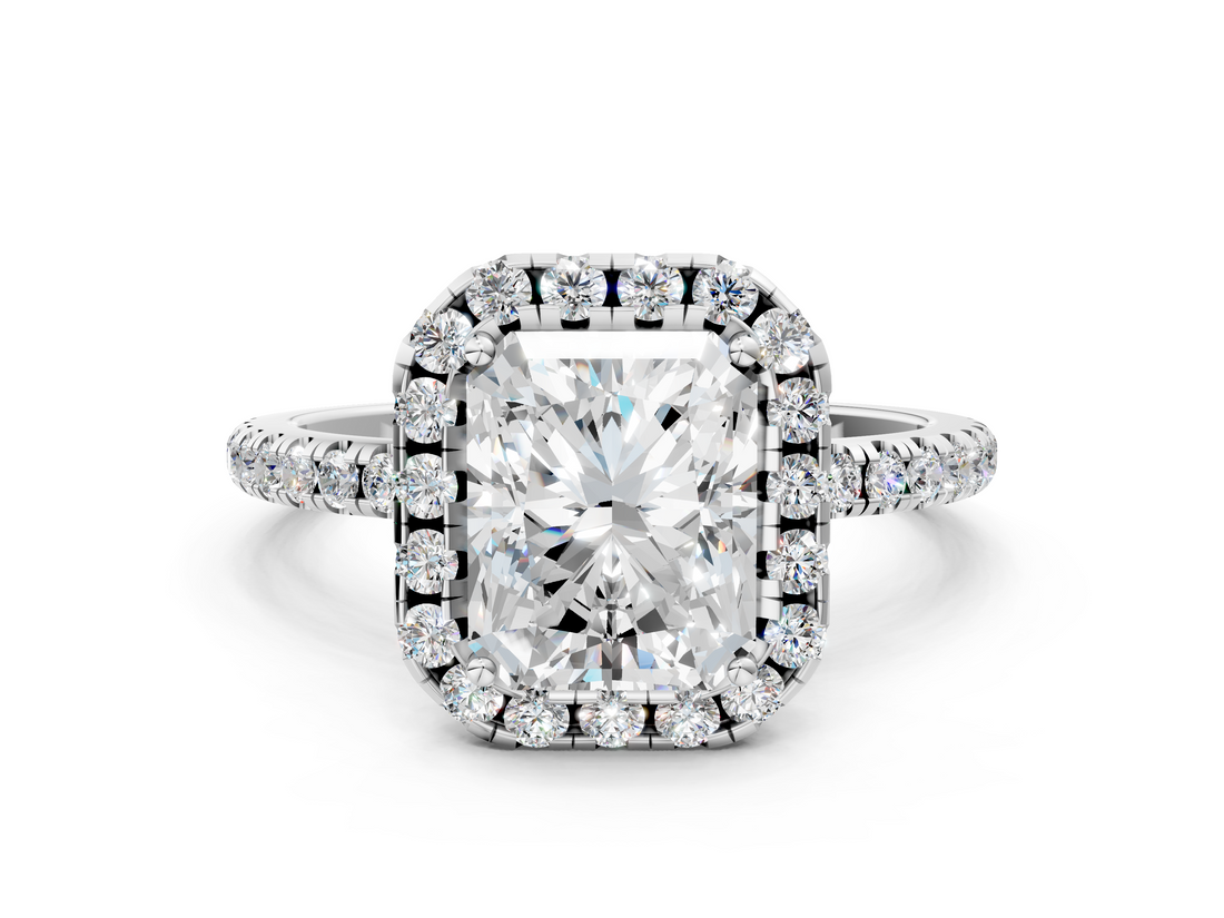 White gold Radiant Halo Round Diamond Pavé Band Four-Prong Ring_3